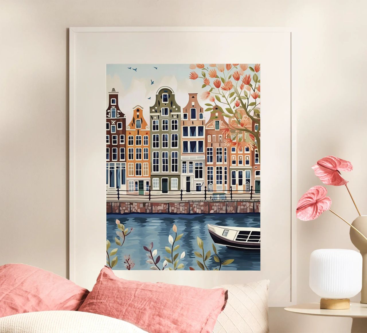 Amsterdam Nederland, grachten aquarel illustratie poster van Peaches Art Prints