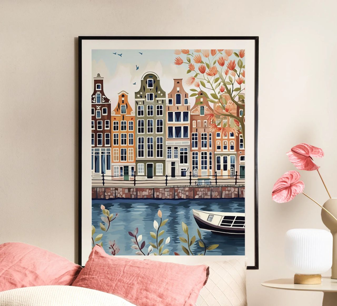 Amsterdam Nederland, grachten aquarel illustratie poster van Peaches Art Prints