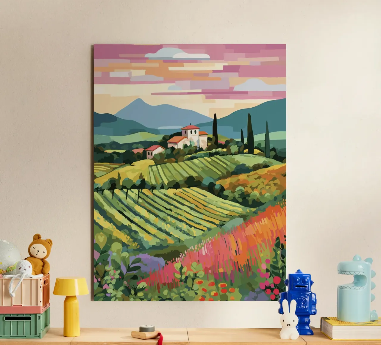 Illustrazione di viaggio della Toscana, Colline Bianchi alluminio dibond da Peaches Art Prints