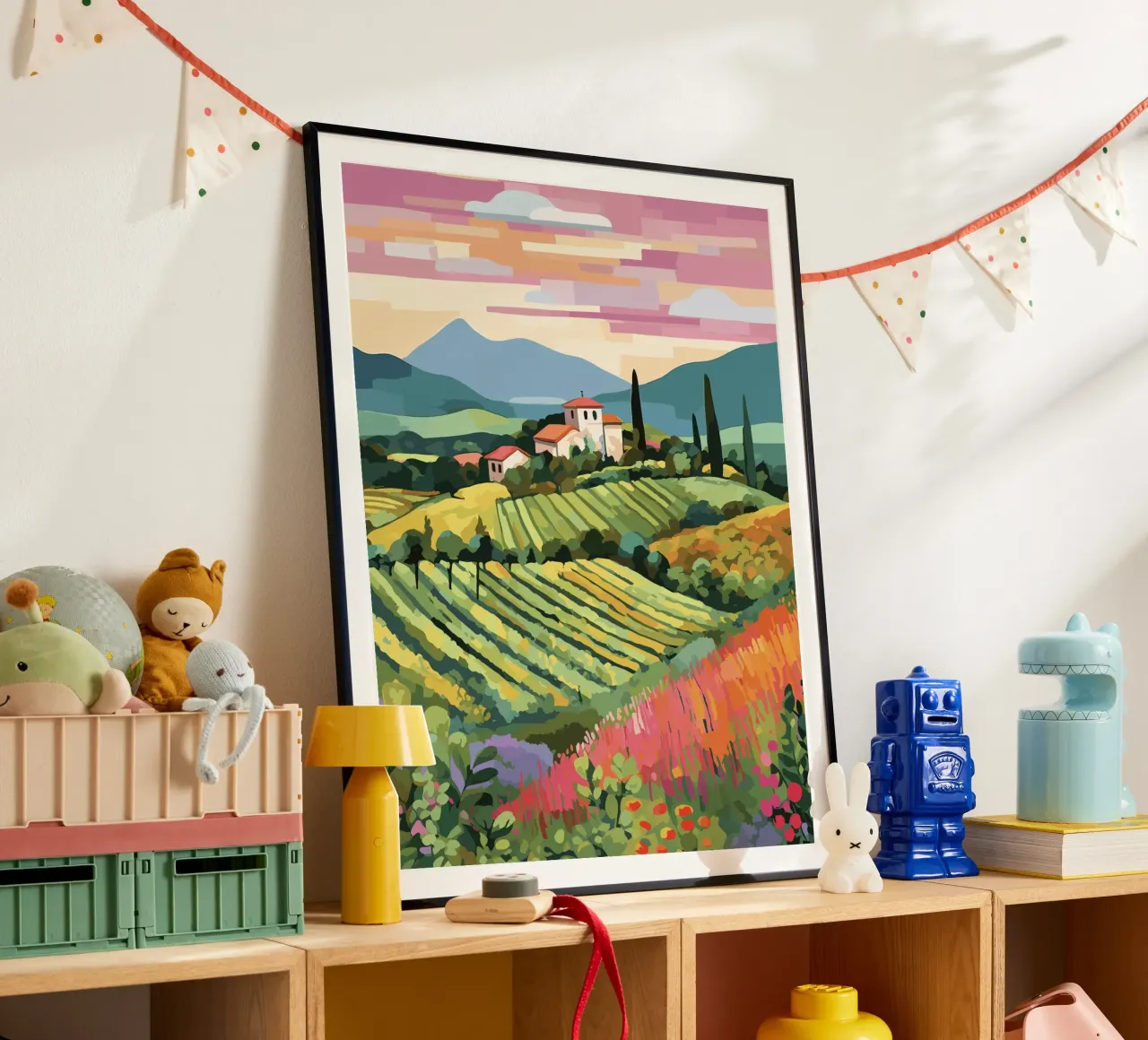 Illustrazione di viaggio della Toscana, Colline Bianchi poster con telaio in alluminio da Peaches Art Prints