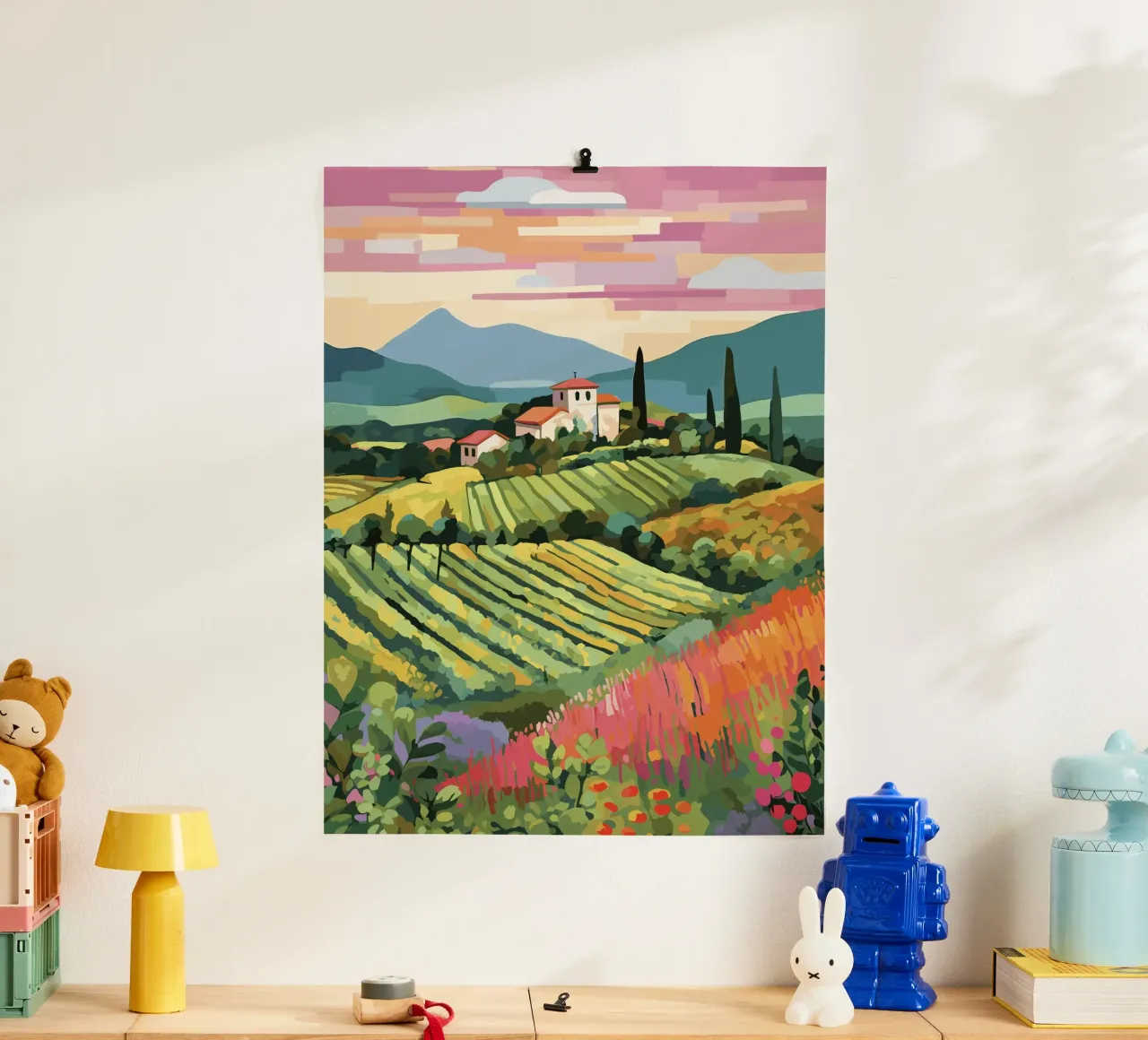 Illustrazione di viaggio della Toscana, Colline Bianchi poster con telaio in alluminio da Peaches Art Prints