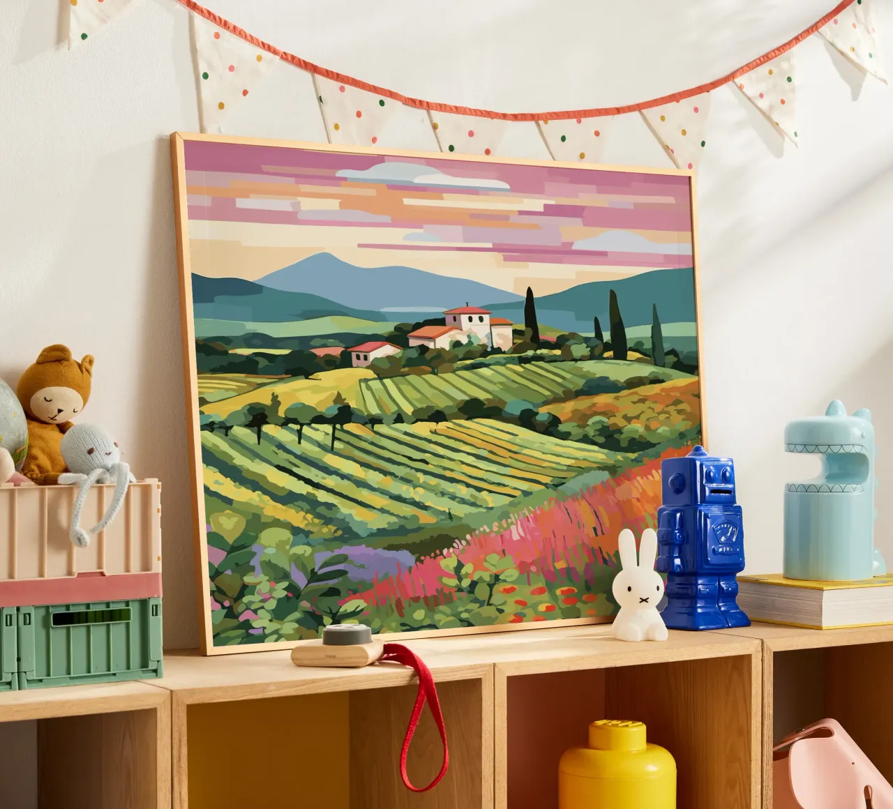 Illustrazione di viaggio della Toscana, Colline Bianchi poster con telaio in alluminio da Peaches Art Prints