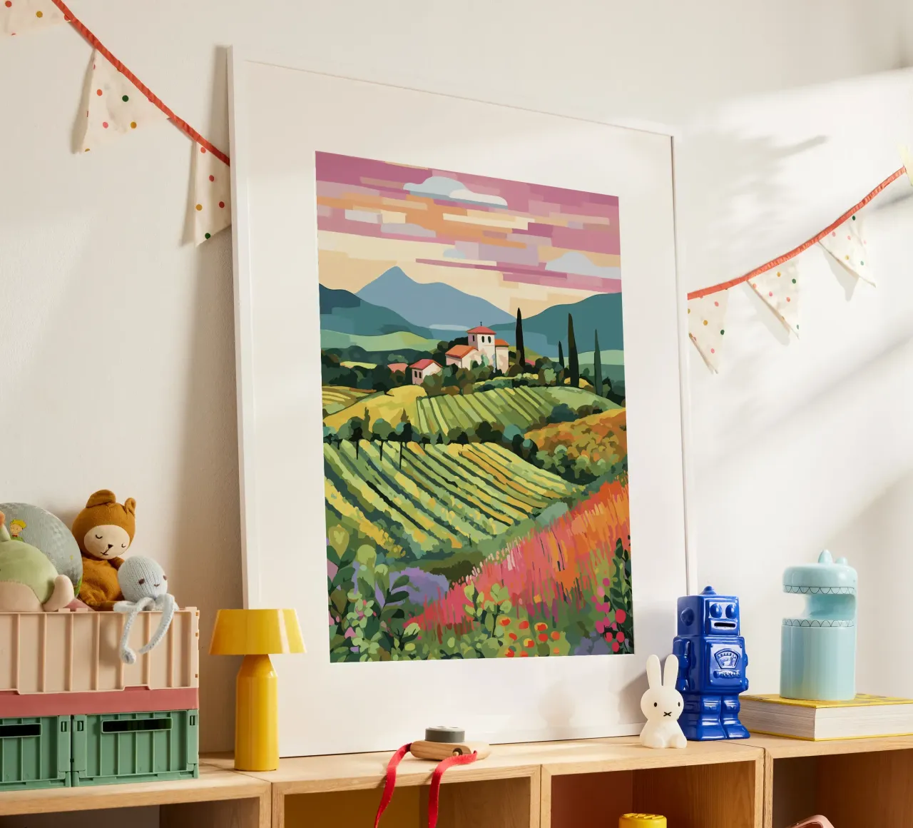 Illustrazione di viaggio della Toscana, Colline Bianchi poster con telaio in alluminio da Peaches Art Prints