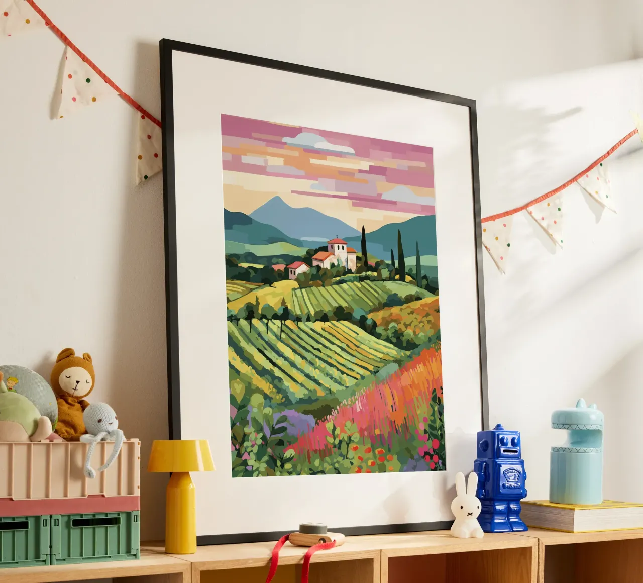 Illustrazione di viaggio della Toscana, Colline Bianchi poster con telaio in alluminio da Peaches Art Prints