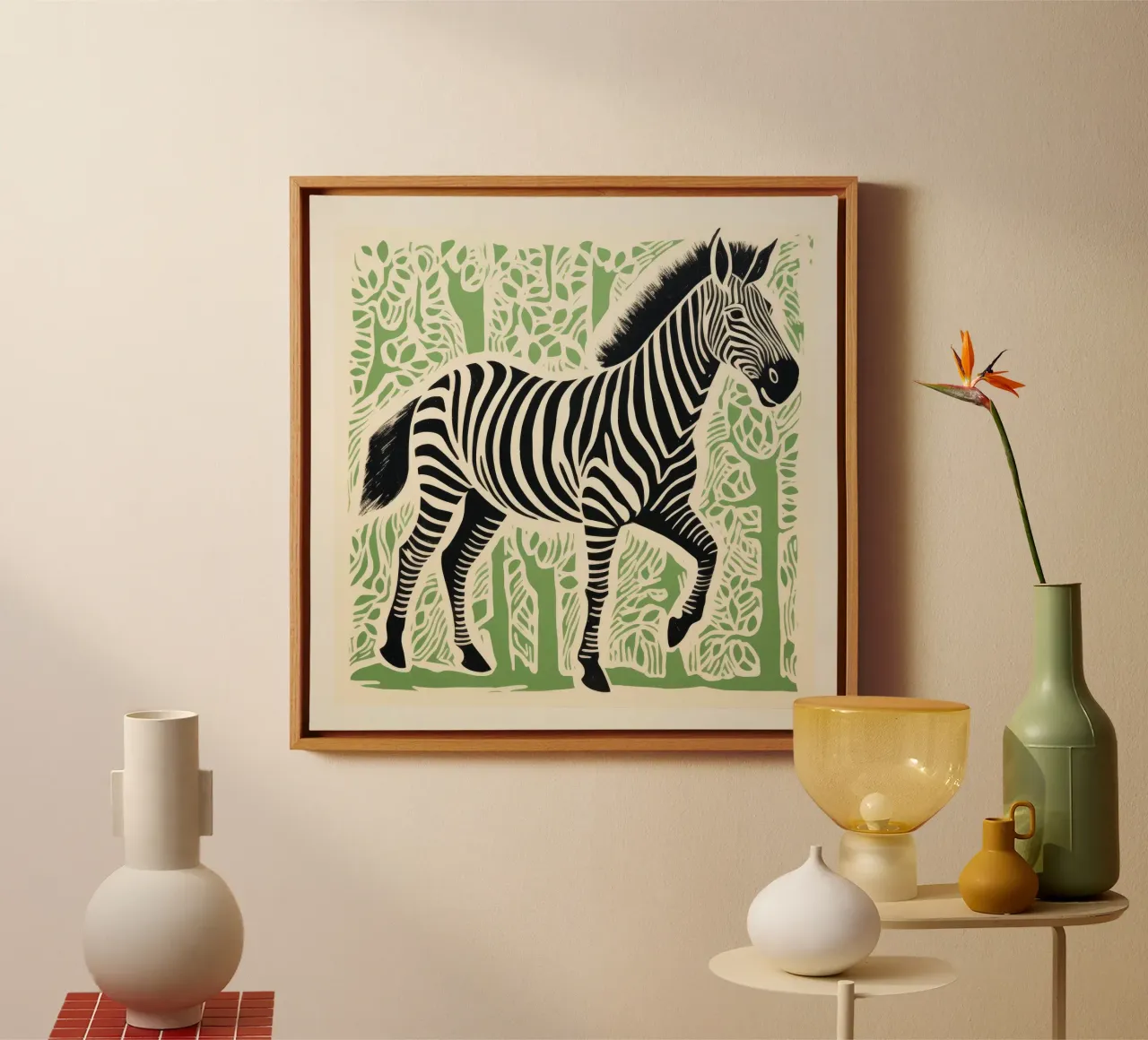 Zebra verde 3 tela con Cornice a cassetta da Minimal Animal Art