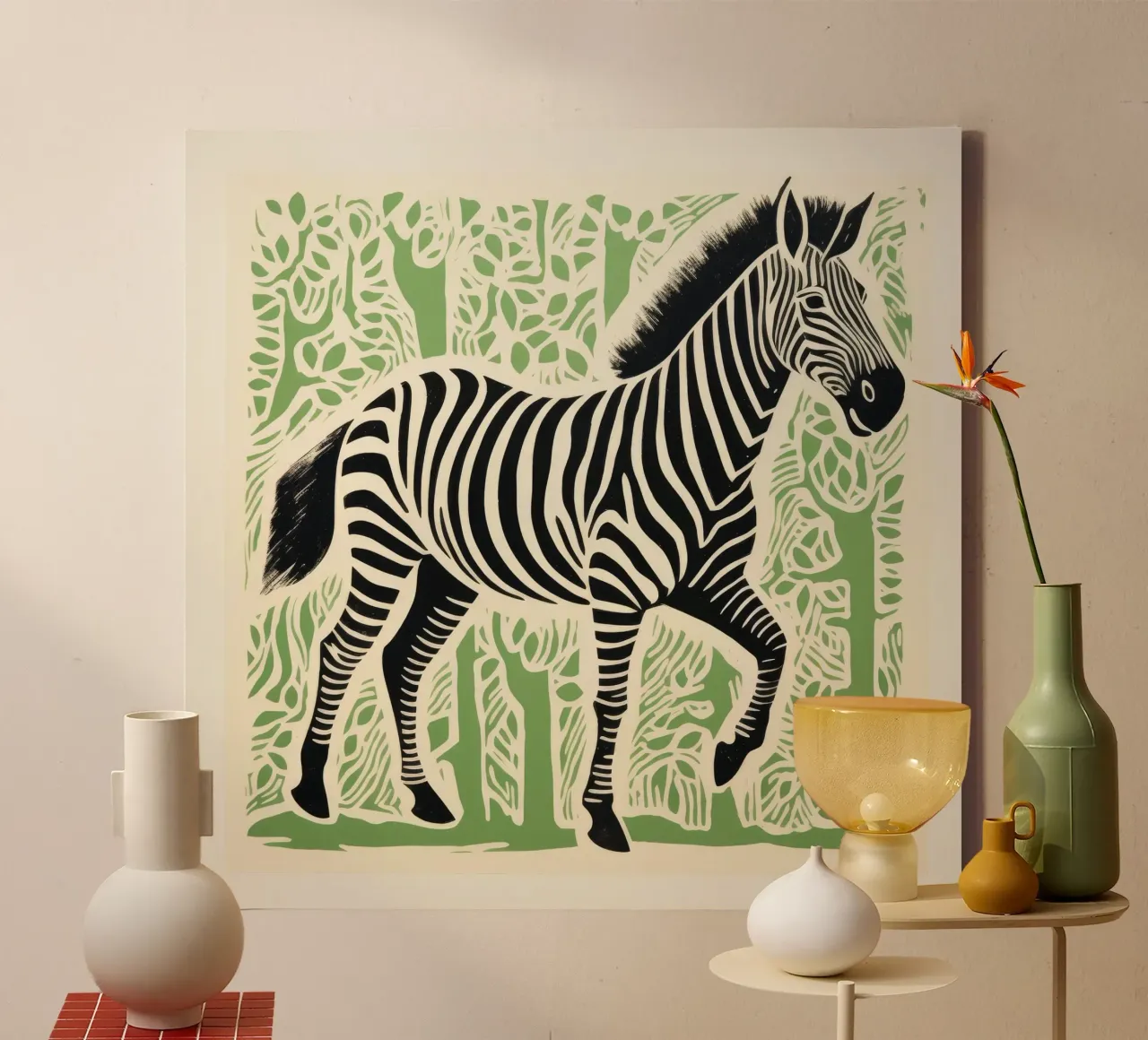 Zebra verde 3 tela con Cornice a cassetta da Minimal Animal Art