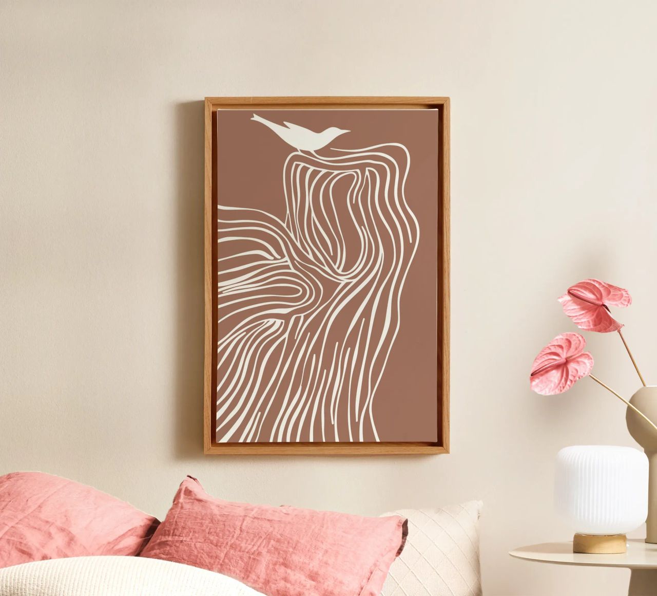 Tree and bird line art in mocha mousse colours canvas by Autofocus