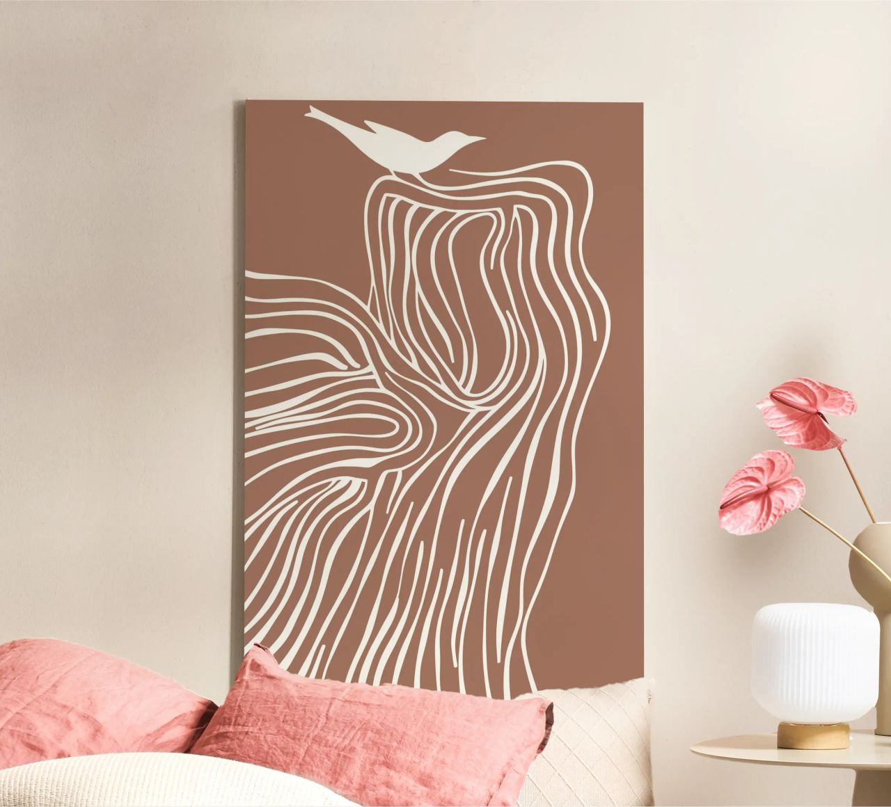 Tree and bird line art in mocha mousse colours canvas by Autofocus
