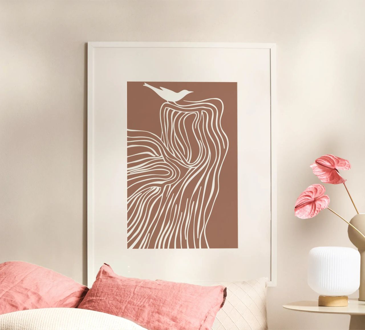 Line art di alberi e uccelli nei colori moka mousse carta hahnemühle da Autofocus