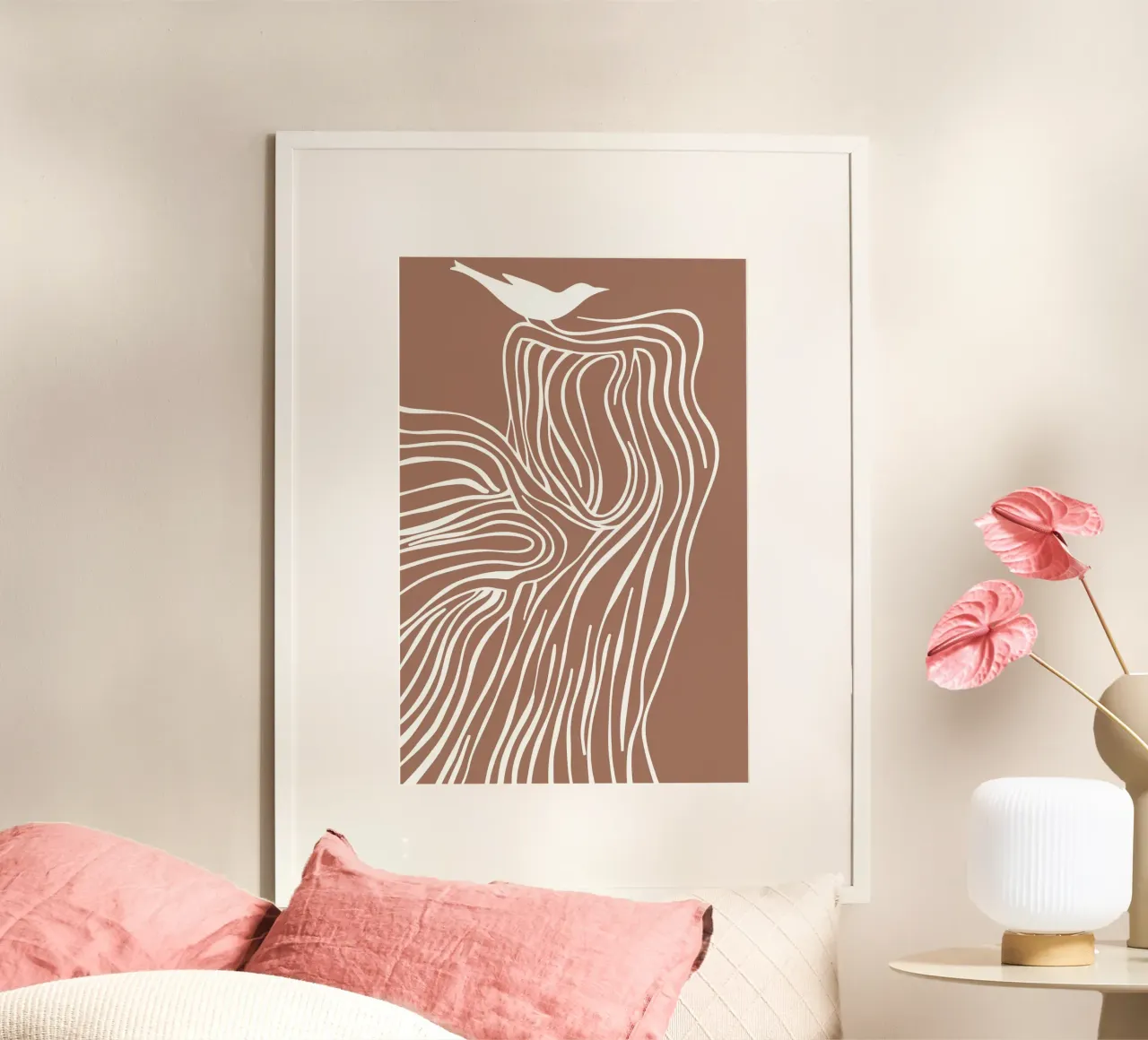 Baum und Vogel Line Art in Mokka Mousse Farben Hahnemühle von Autofocus