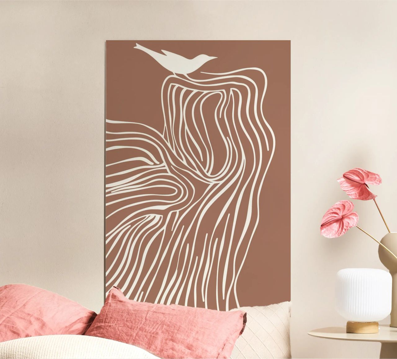 Line art di alberi e uccelli nei colori moka mousse carta hahnemühle da Autofocus
