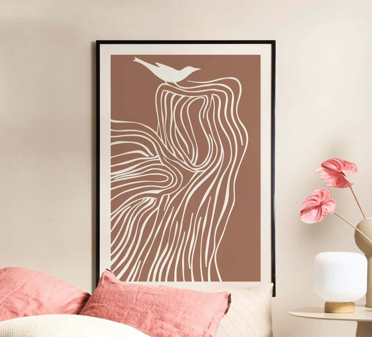 Baum und Vogel Line Art in Mokka Mousse Farben Hahnemühle von Autofocus
