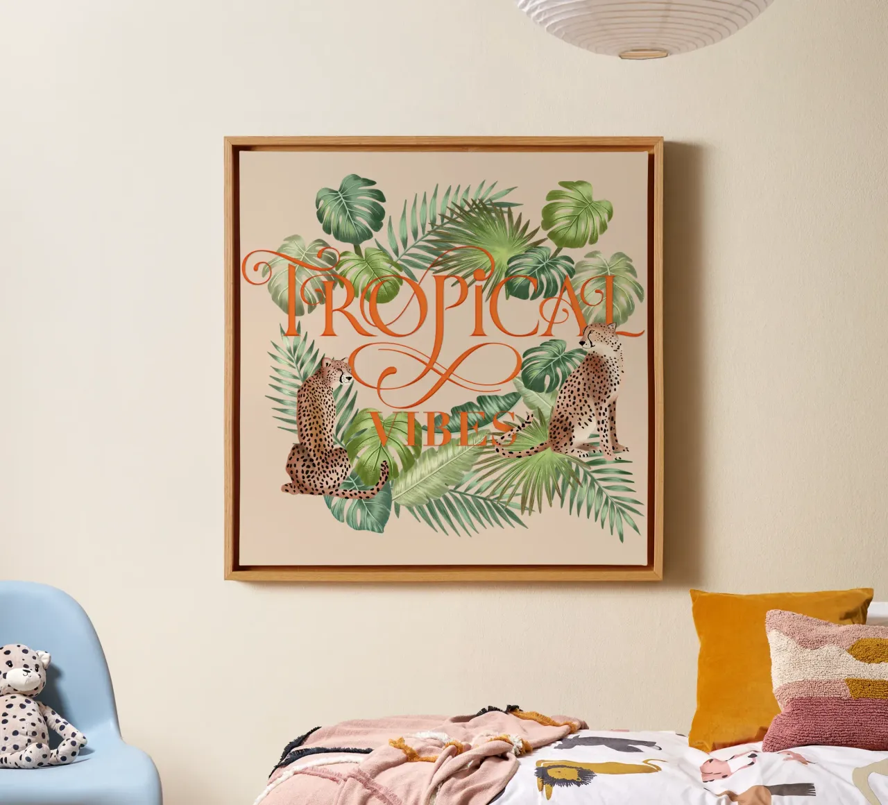 Tropical vibes with cheetahs. Exotic jungle, lettering canvas with Floater frame by CalliLetters