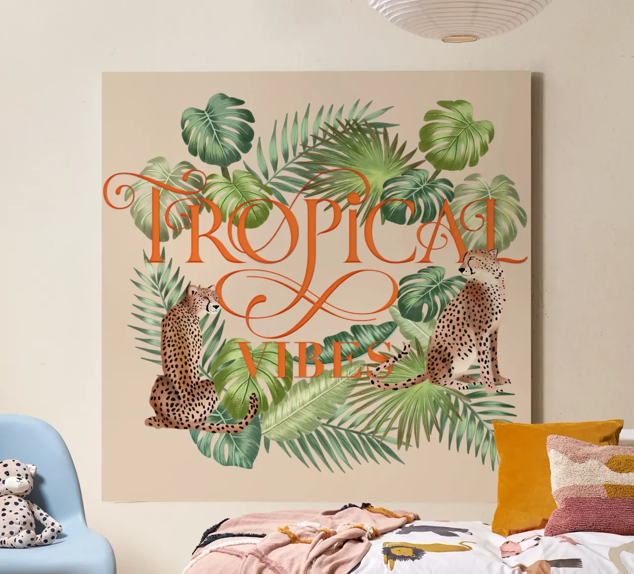 Tropical vibes with cheetahs. Exotic jungle, lettering canvas with Floater frame by CalliLetters