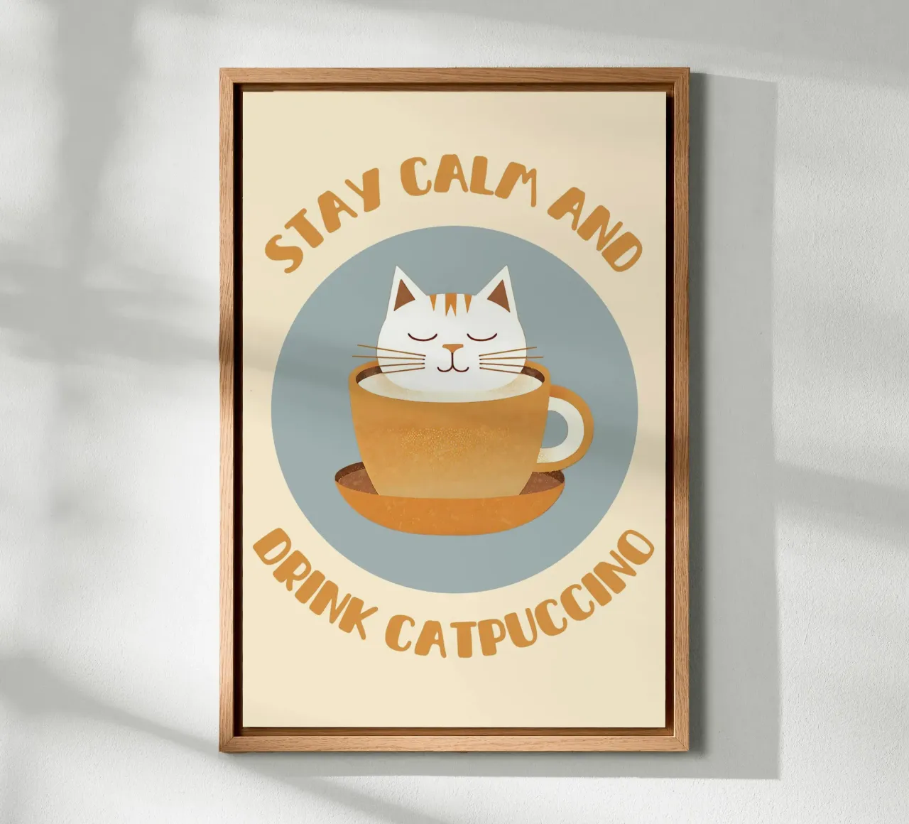 Stai calmo e bevi il catpuccino - simpatico e divertente gatto cappuccino tela con Cornice a cassetta da Punderful Day