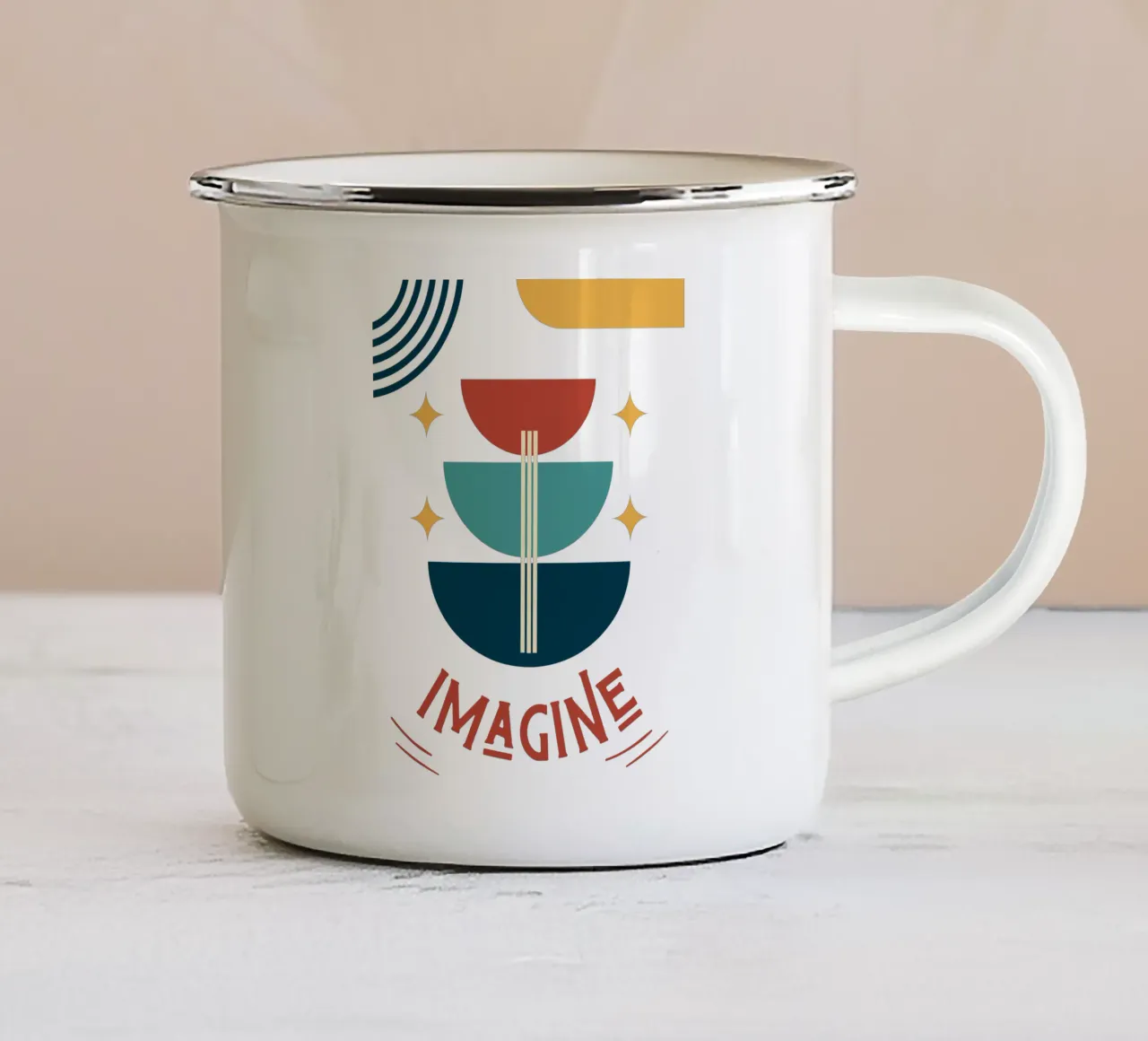 Imagine - arte astratta geometrica colorata tazza in smalto da Happy Mind Art