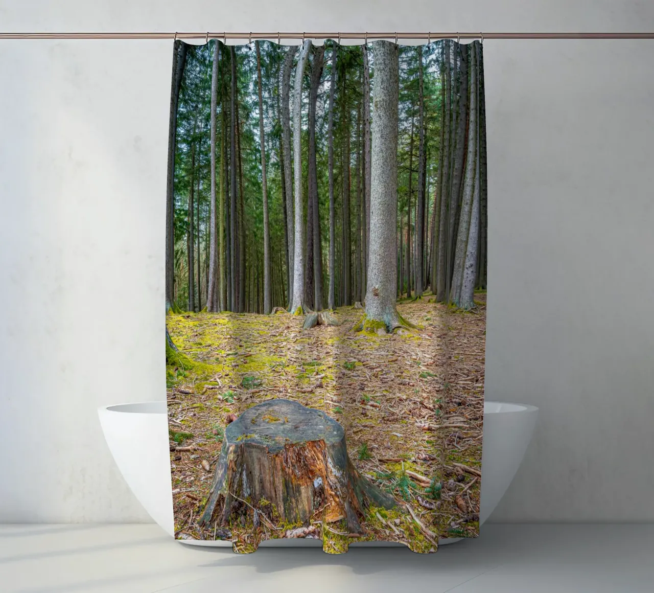 Ceppo di albero in una fitta foresta di conifere tenda da doccia da Marcus Beckert | Fotografie