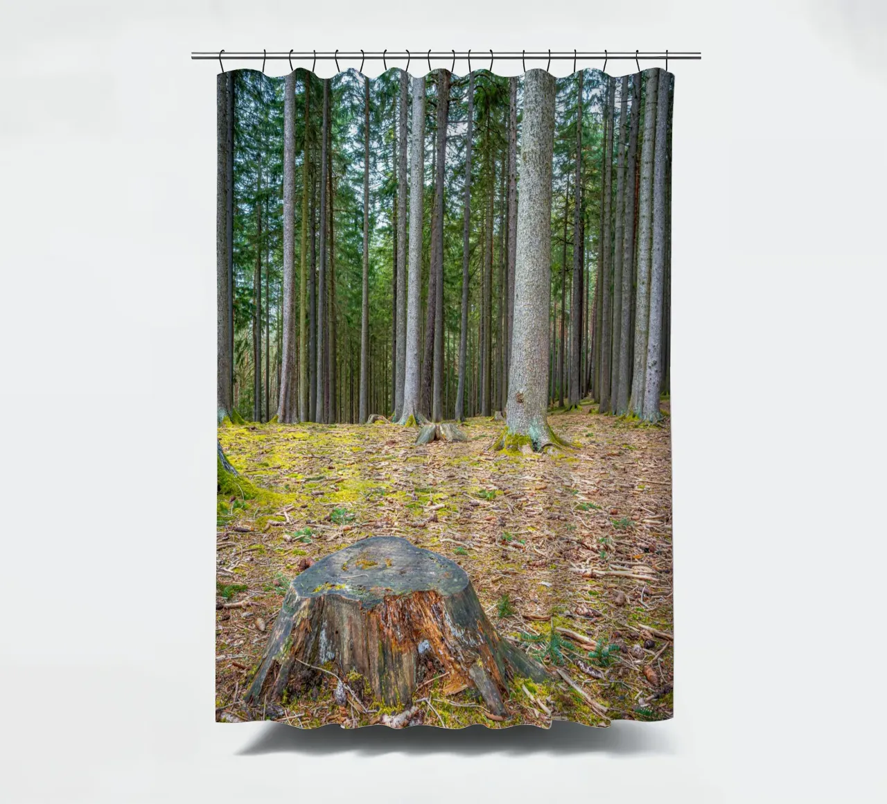 Ceppo di albero in una fitta foresta di conifere tenda da doccia da Marcus Beckert | Fotografie