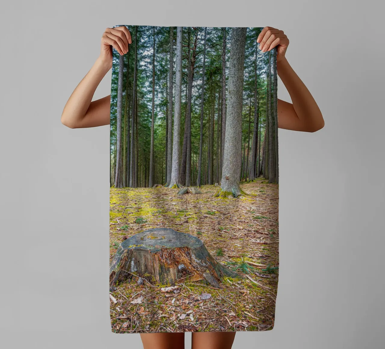 Tree stump in a dense coniferous forest towel by Marcus Beckert | Fotografie