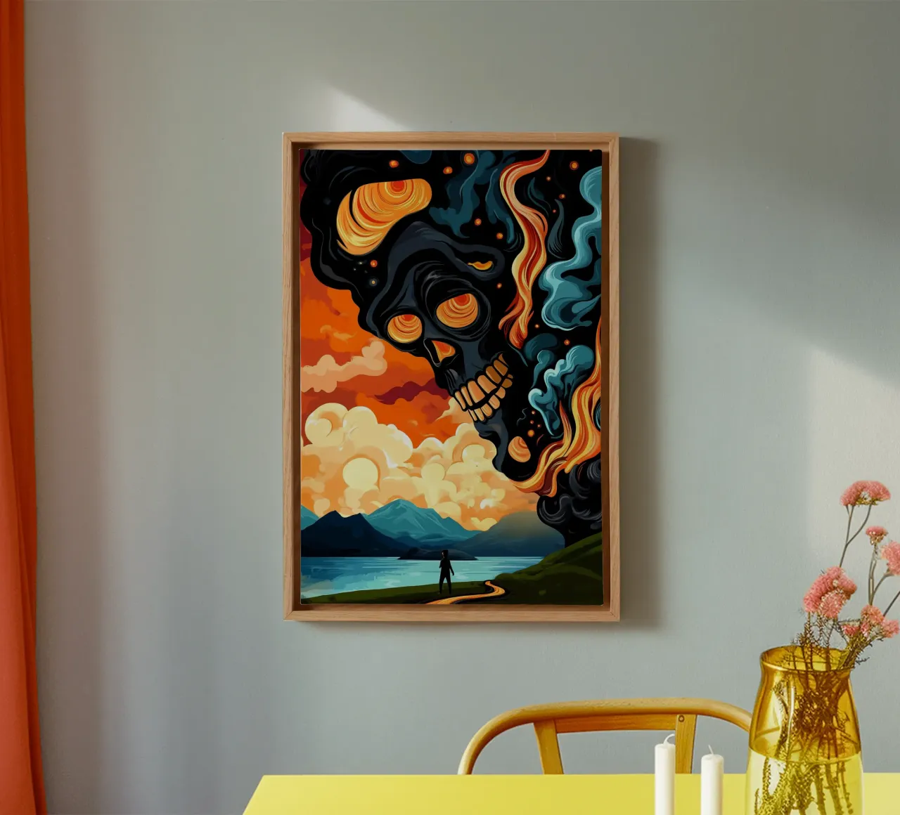 The burning skull in the sky of the apocalypse canvas with Floater frame by melipo-art