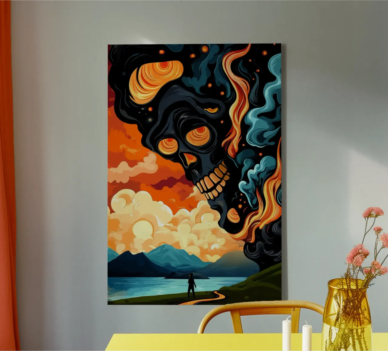 The burning skull in the sky of the apocalypse canvas with Floater frame by melipo-art