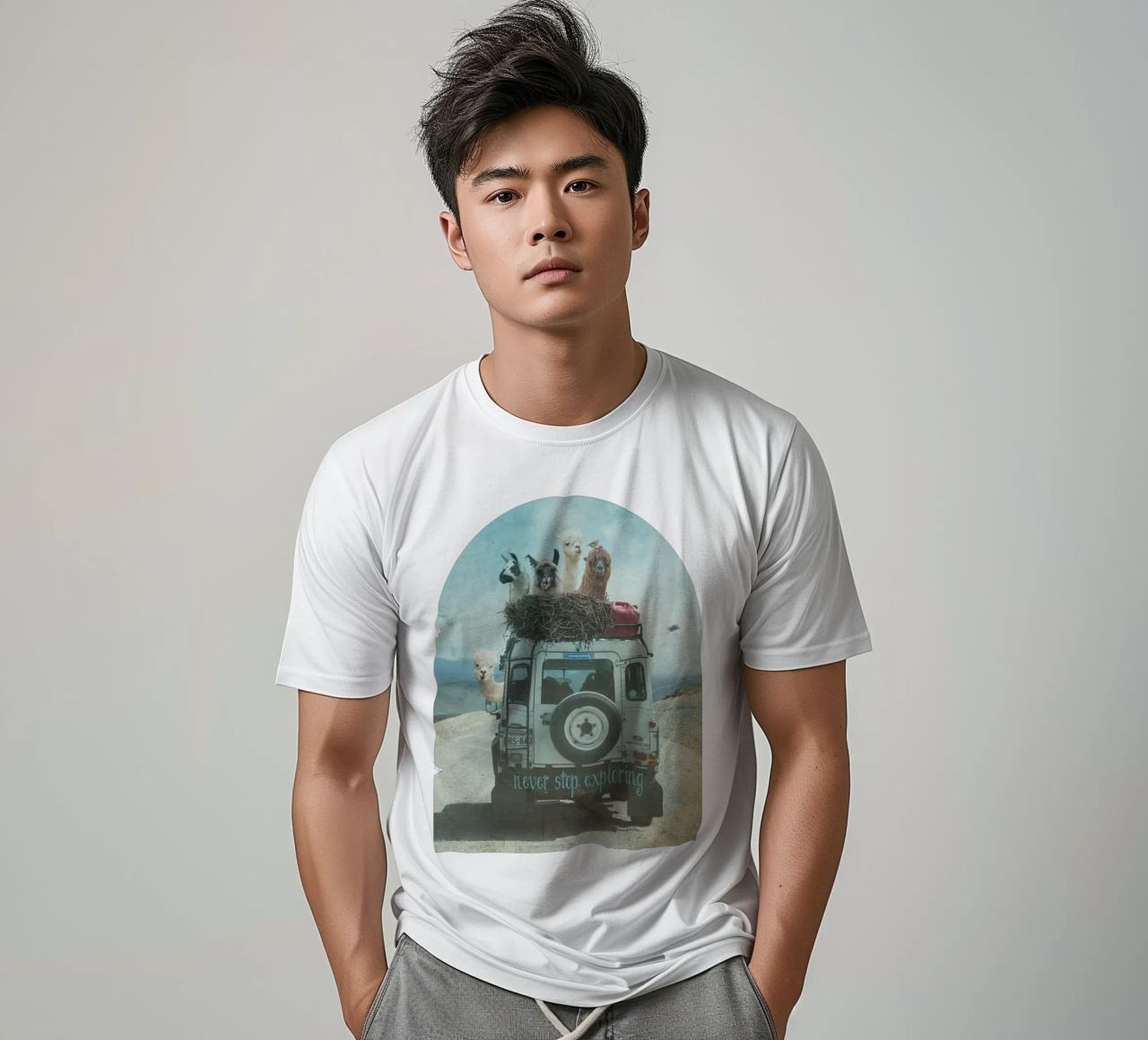 Never Stop Exploring II  - Funny Alpacas on Tour t-shirt da Monika Strigel