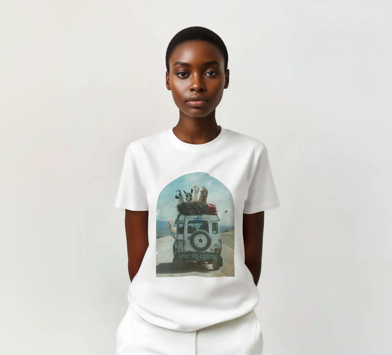Never Stop Exploring II  - Funny Alpacas on Tour t-shirt da Monika Strigel