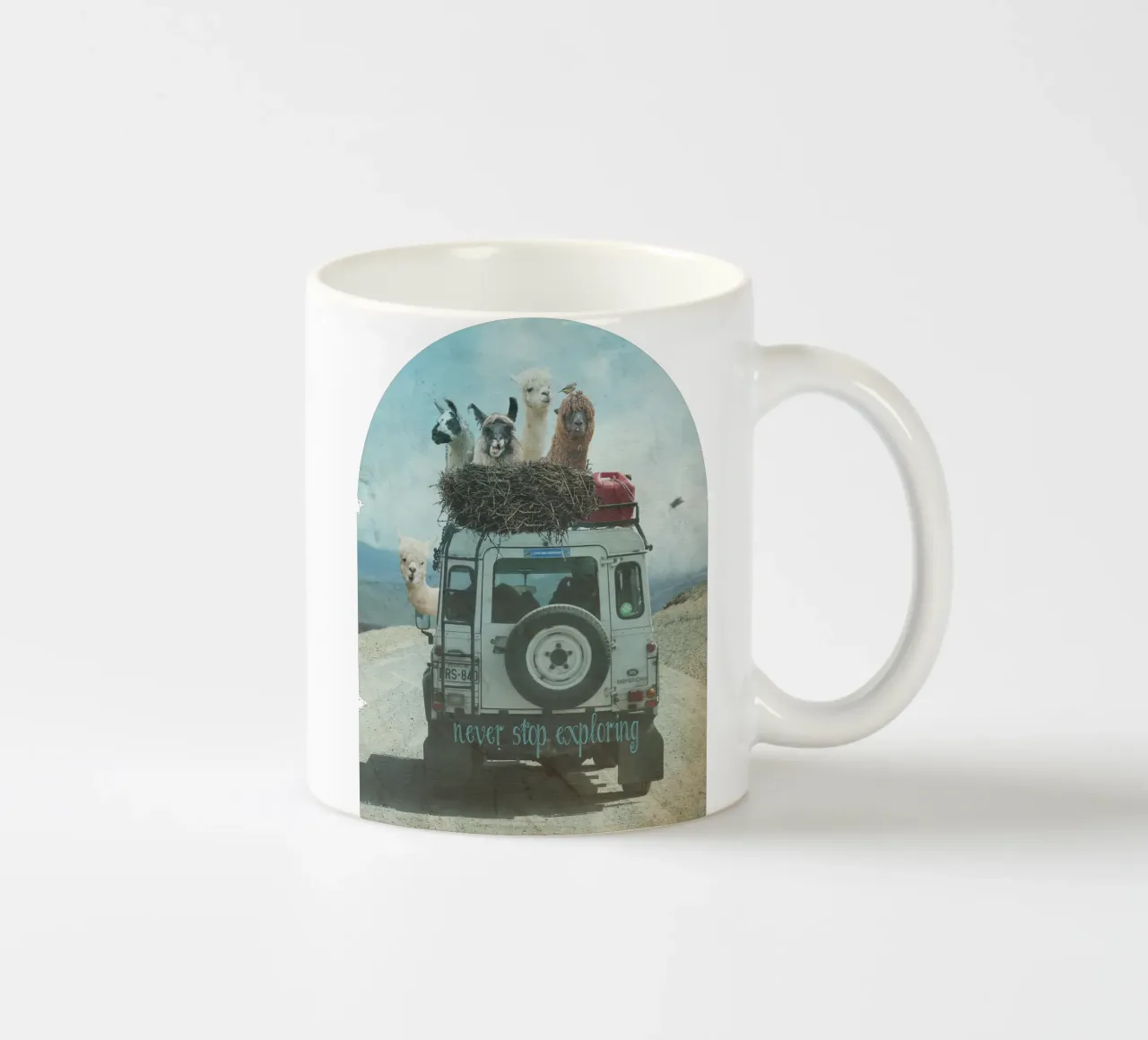 Never Stop Exploring II  - Funny Alpacas on Tour ceramic mug by Monika Strigel