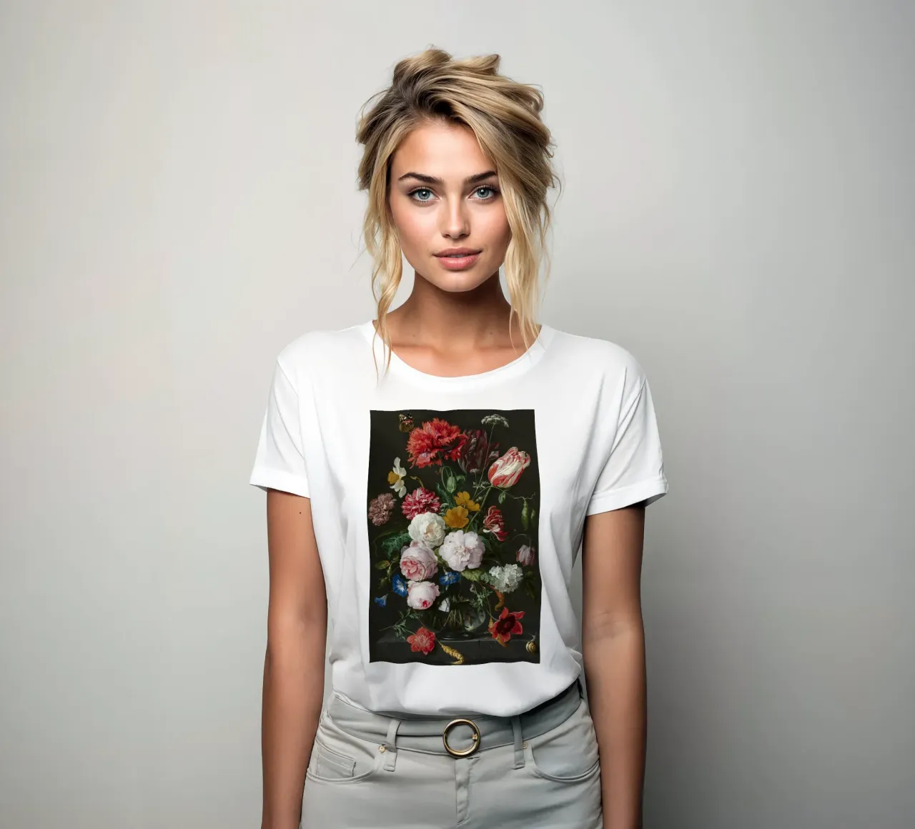 Jan Davidsz. de Heem Still life with flowers in a glass vase women's fitted t-shirt by Timeless Artworks