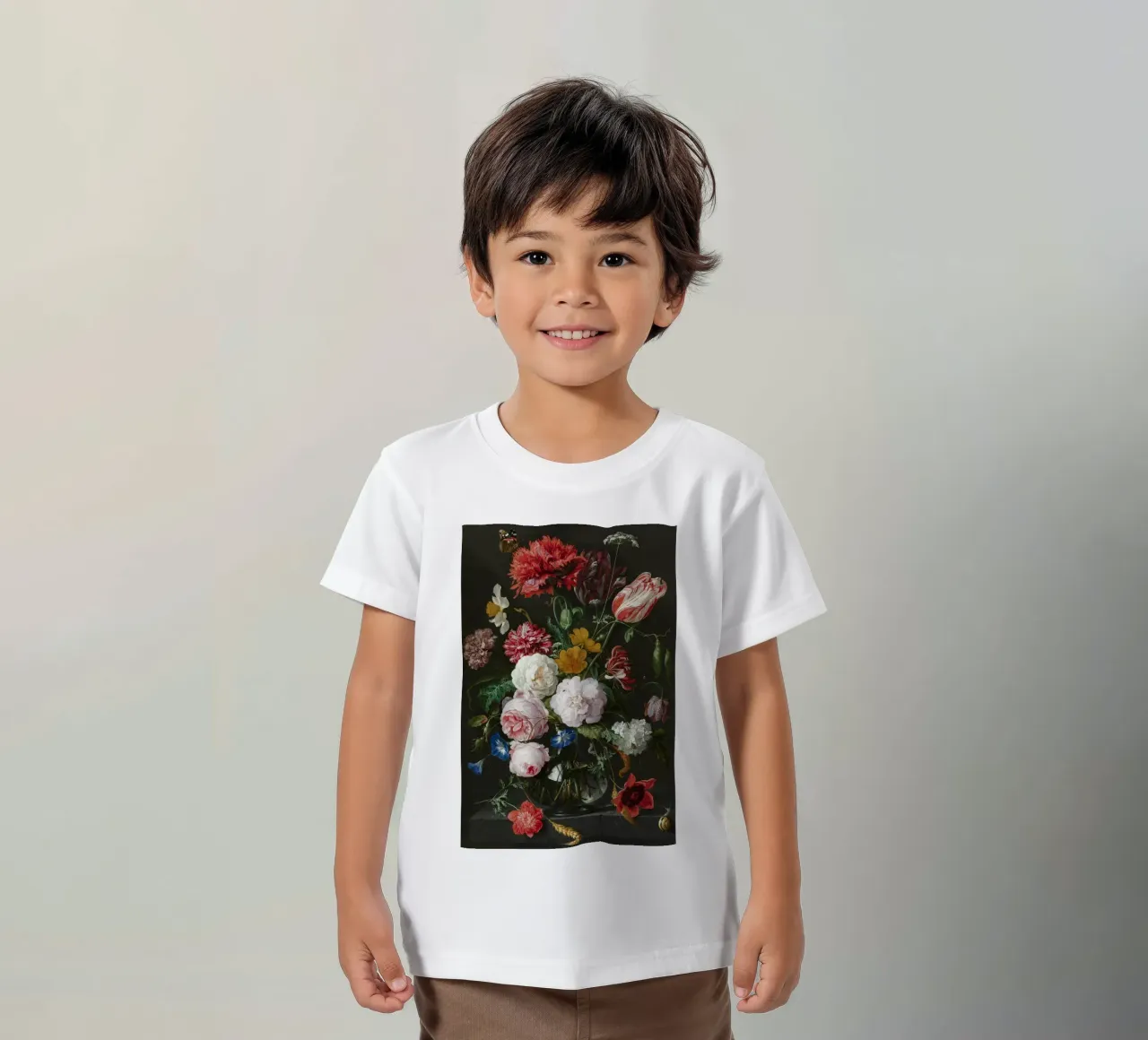 Jan Davidsz. de Heem Natura morta con fiori in un vaso di vetro t-shirt bambini da Timeless Artworks