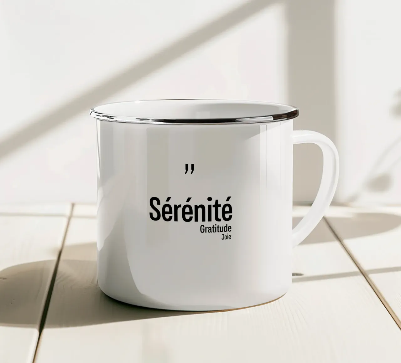 Serenite Gratitudine Joie tazza in smalto da YV TYPOGRAPHY