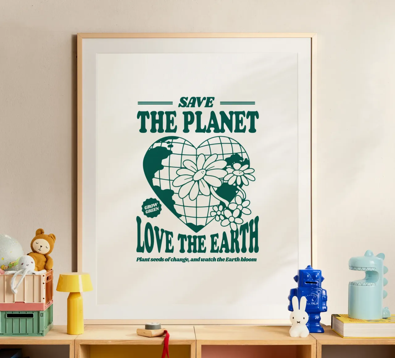 Red de planeet, hou van de aarde poster met houten frame van 🥝 KIWI STORE