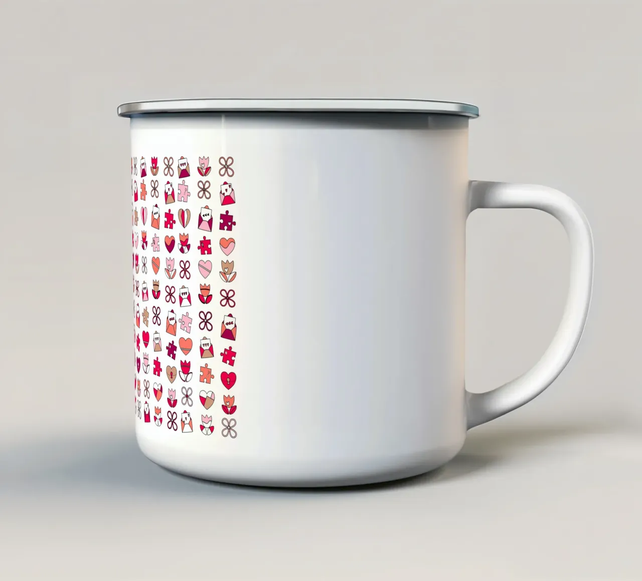 Happy Valentijnsdag patroon met roze hartjes en bloemen emaille mok van CreatedbySon
