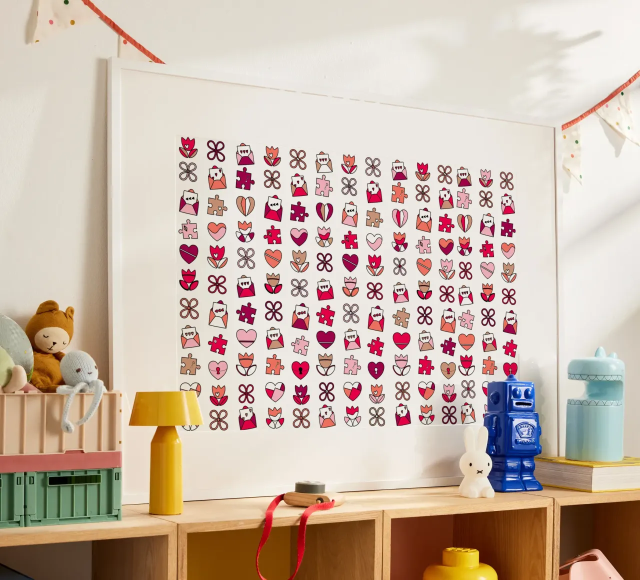 Motivo di Buon San Valentino con cuori e fiori rosa poster con telaio in plastica da CreatedbySon