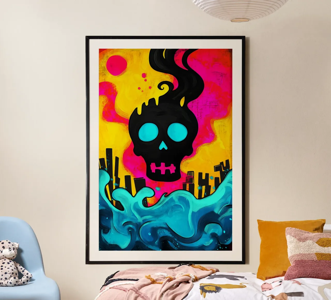 Teschi sopra la città in fiamme poster con telaio in plastica da melipo-art
