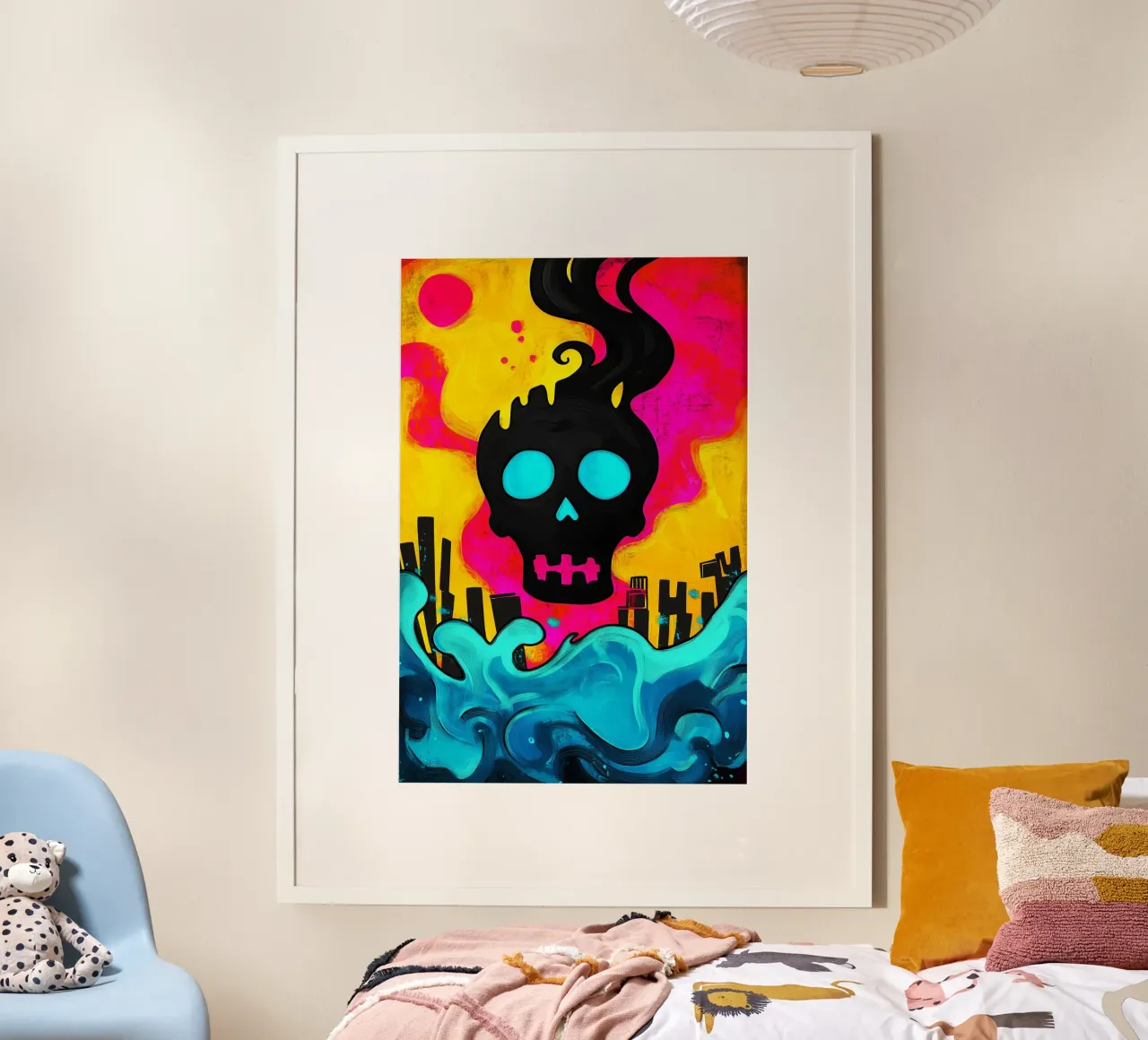 Teschi sopra la città in fiamme poster con telaio in plastica da melipo-art