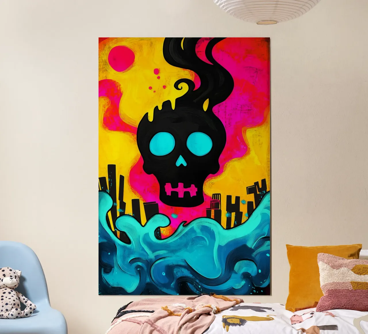 Teschi sopra la città in fiamme poster con telaio in plastica da melipo-art