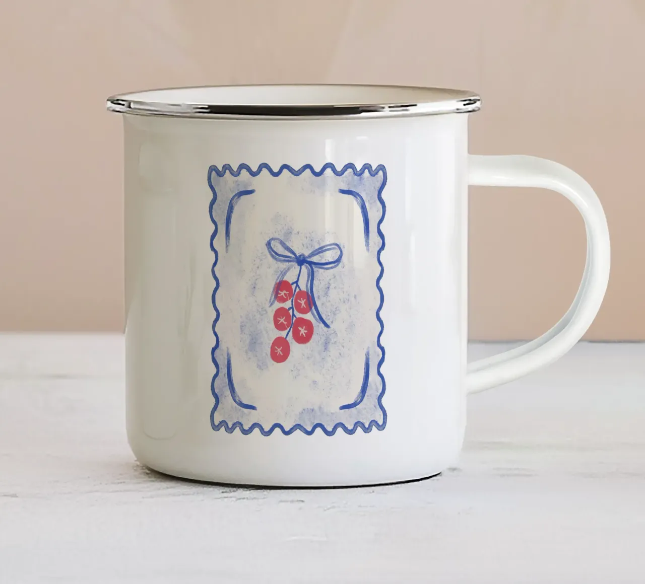 Ravioli Pomodoro - Red Tomatoes and Blue bow tazza in smalto da anisillustration