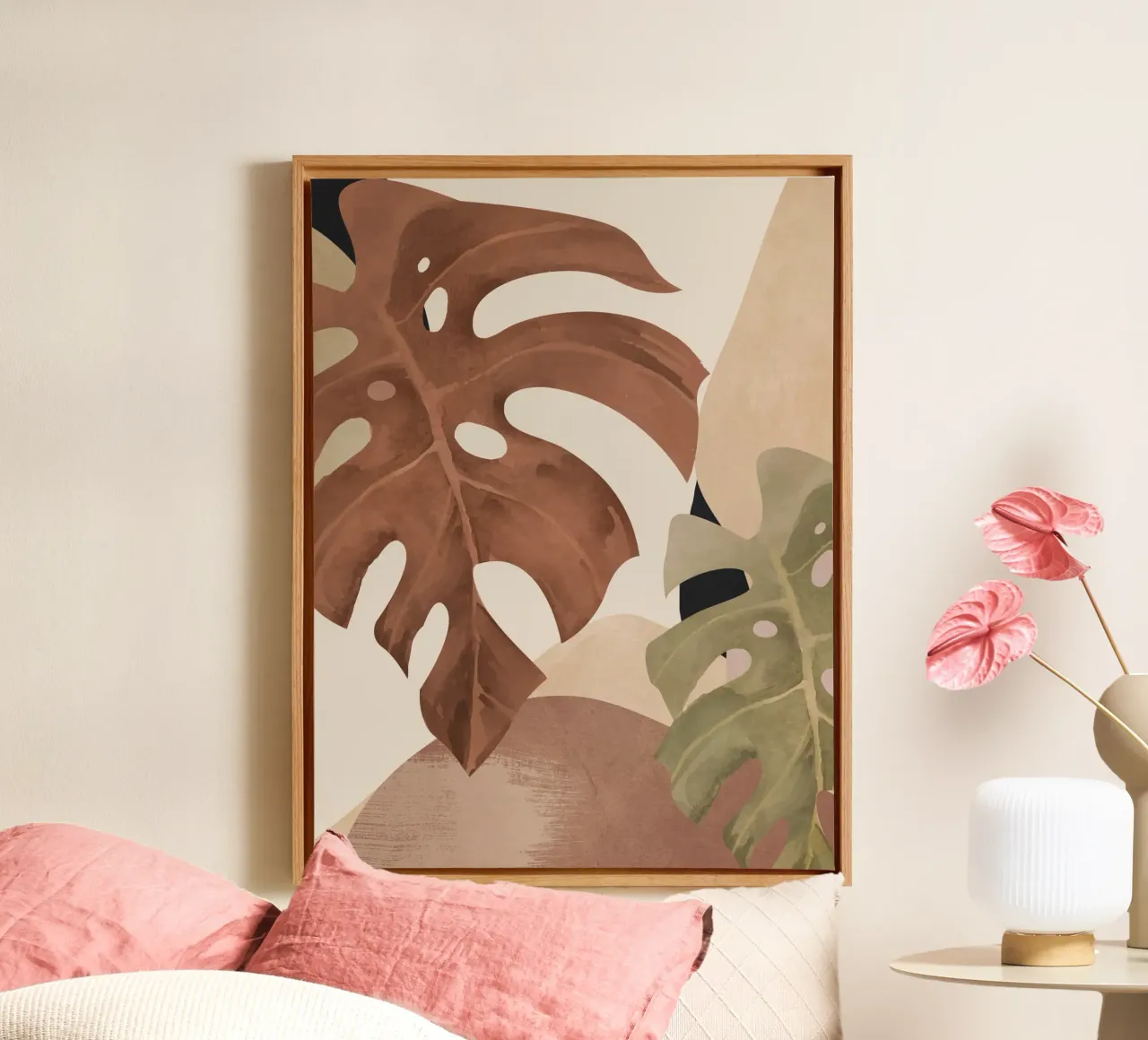 Abstracte kunst tropische bladeren 3 mokka mousse canvas met Baklijst van ThingDesign