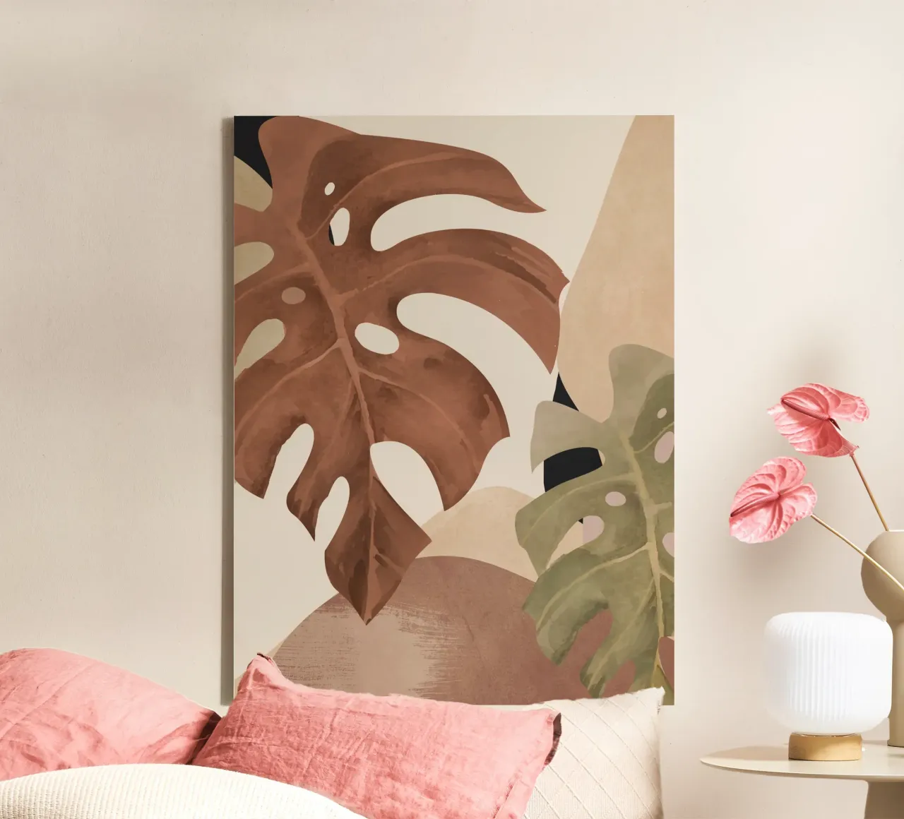 Abstracte kunst tropische bladeren 3 mokka mousse canvas met Baklijst van ThingDesign
