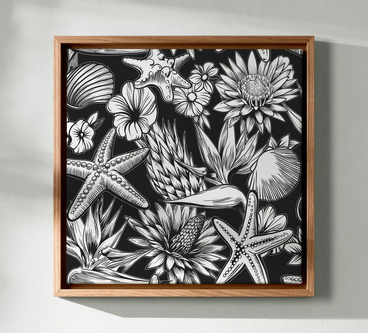 Tropical flowers and starfish in black and white. canvas met Baklijst van Irina Tsaran