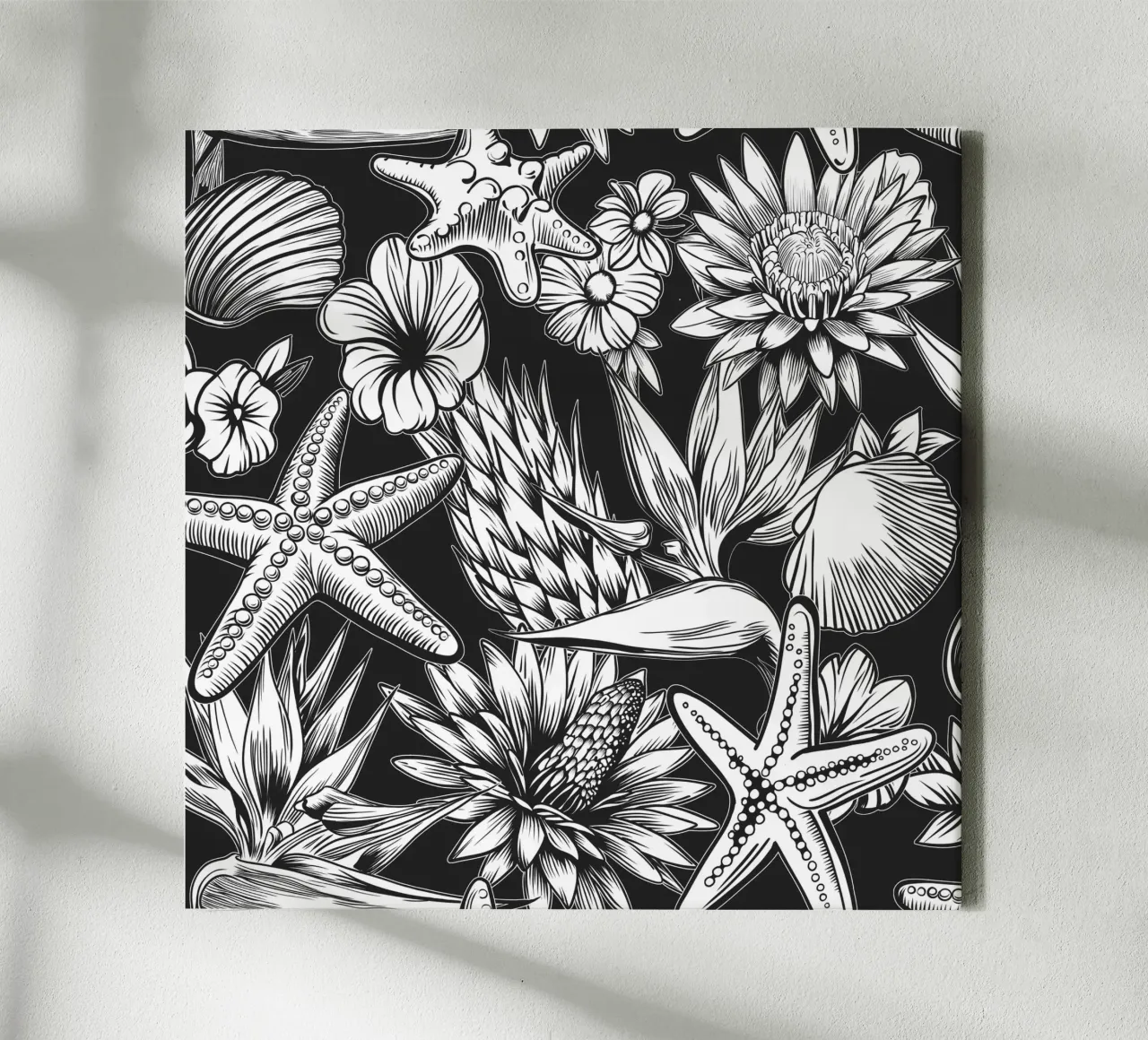 Tropical flowers and starfish in black and white. canvas met Baklijst van Irina Tsaran