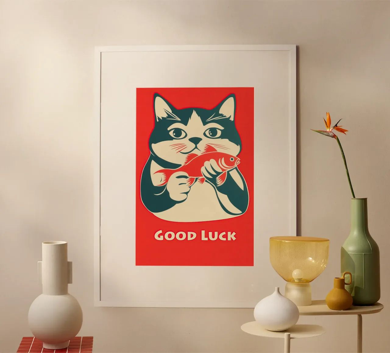 Buena suerte | Lucky cat with goldfish retro chic poster de Autofocus