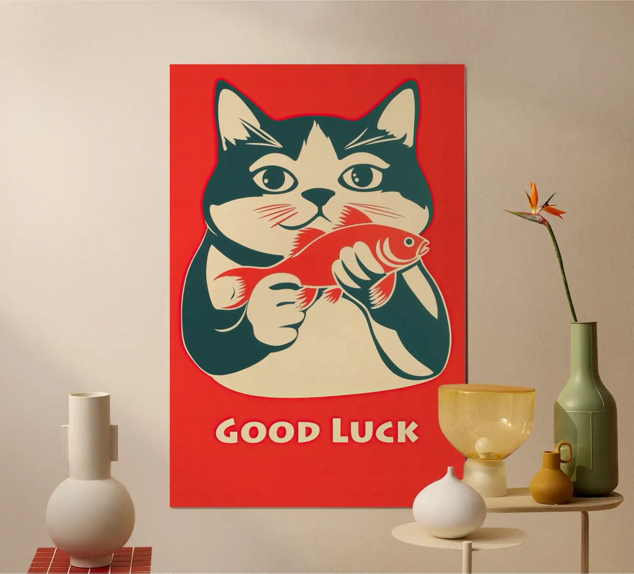 Buena suerte | Lucky cat with goldfish retro chic poster de Autofocus