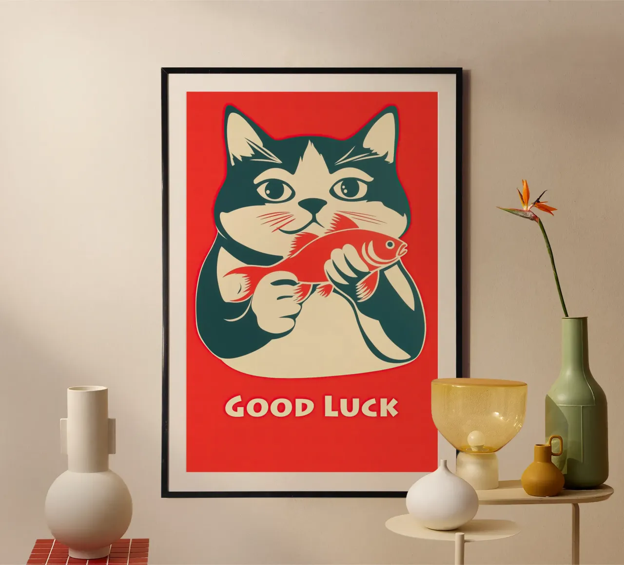 Buena suerte | Lucky cat with goldfish retro chic poster de Autofocus