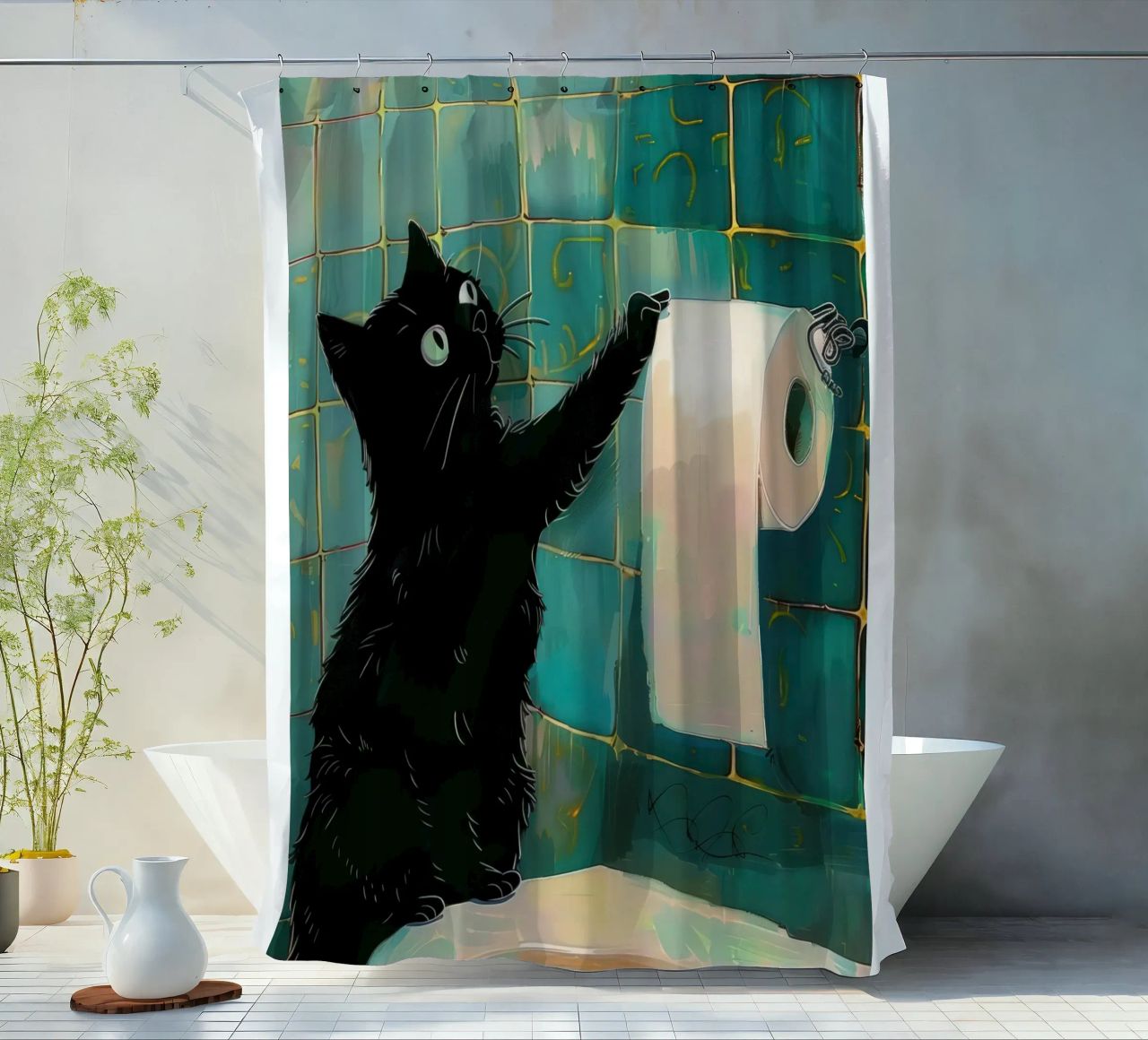 Schwarze Katze Toilettenpapier, Badezimmer Kunstdruck Lustig Duschvorhang von Peaches Art Prints