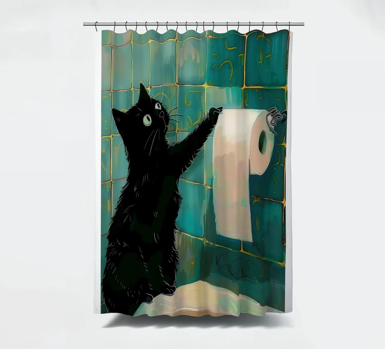Schwarze Katze Toilettenpapier, Badezimmer Kunstdruck Lustig Duschvorhang von Peaches Art Prints