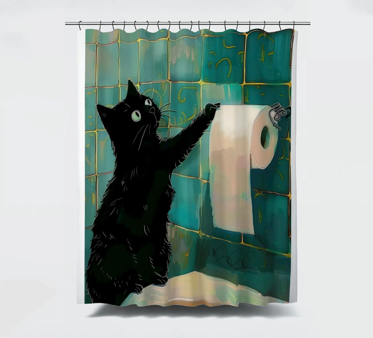 Schwarze Katze Toilettenpapier, Badezimmer Kunstdruck Lustig Duschvorhang von Peaches Art Prints
