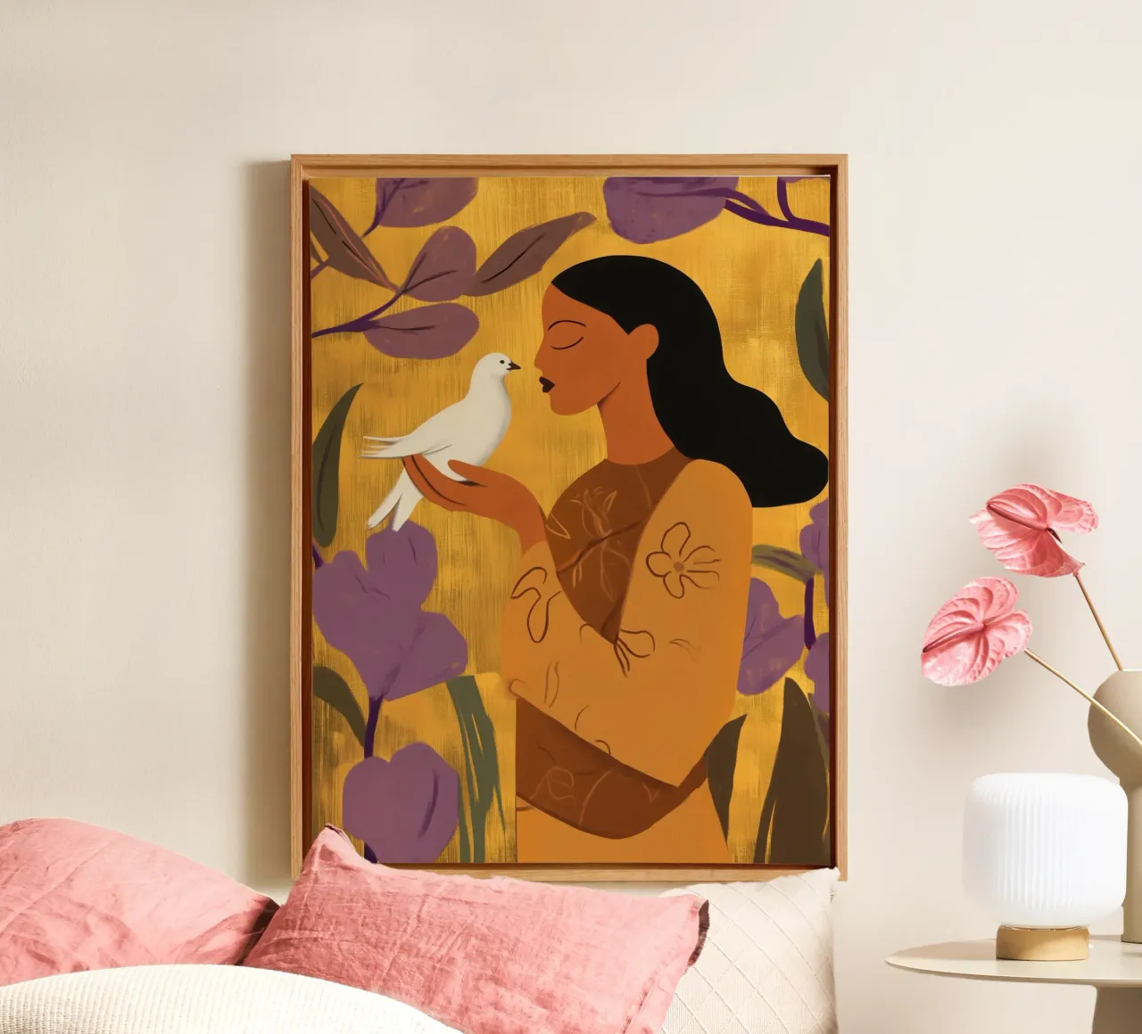 Goudpaarse vrouw met witte duif canvas met Baklijst van Autofocus