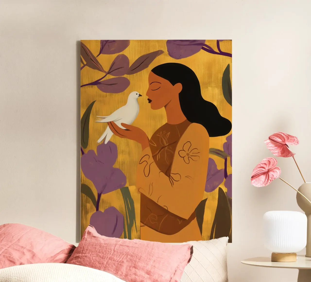 Goudpaarse vrouw met witte duif canvas met Baklijst van Autofocus